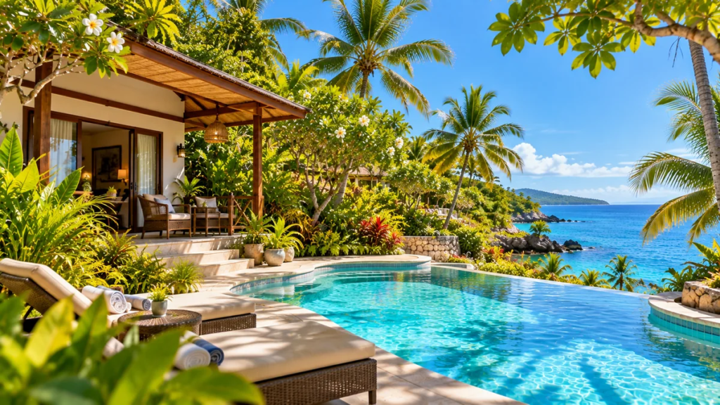 Illustration of a tropical island resort with swimming pool, comfortable accommodation and coastal scenery in Siquijor