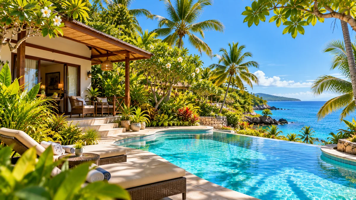 Illustration of a tropical island resort with swimming pool, comfortable accommodation and coastal scenery in Siquijor